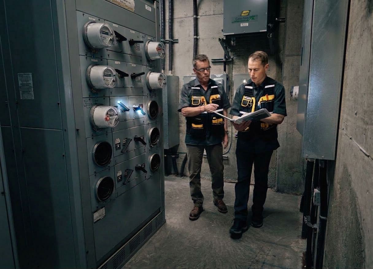 Certified BC Master Electrician inspecting copper wiring inside a residential service panel